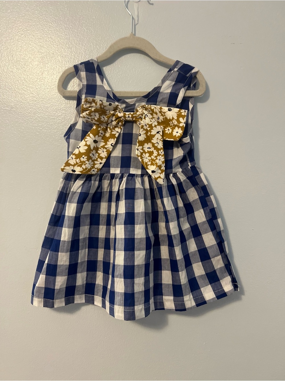 Blue and White Gingham Dress with Yellow Floral Bow. NWT. Nicolette’s Couture.